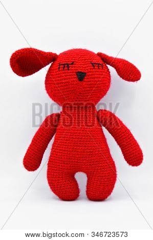 Handmade Red Toy Teddy Rabbit Isolated On White Background