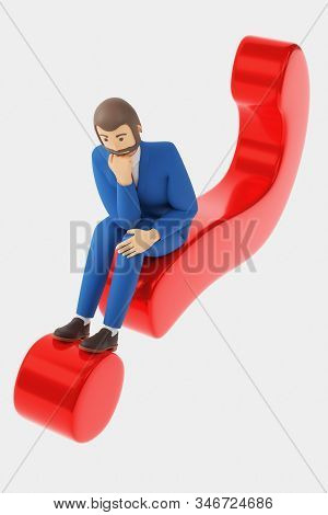 Cartoon Character Businessman Sits On A Question Mark In Thought. The Concept Of Unresolved Issues I