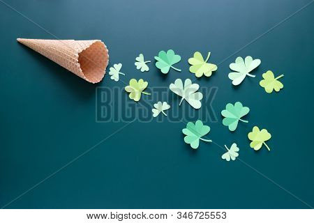 St. Patricks Day, Waffle Cone With Shamrock On A Green Background