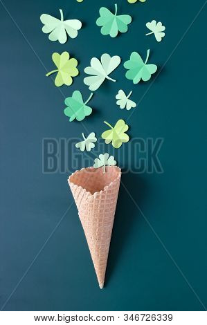 St. Patricks Day, Waffle Cone With Shamrock On A Green Background