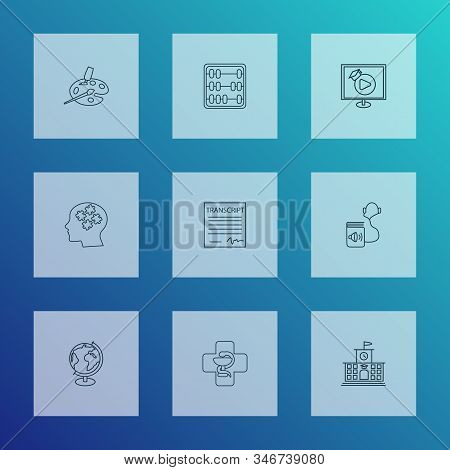 School Icons Line Style Set With Art, Audio Book, School Transcript And Other Document Elements. Iso
