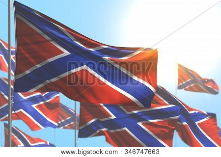 Nice Many Novorossia Flags Are Wave Against Blue Sky Photo With Soft Focus - Any Celebration Flag 3d