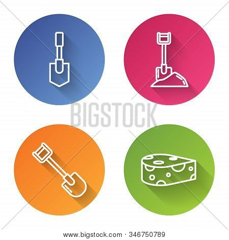 Set Line Shovel, Shovel In The Ground, Shovel And Cheese. Color Circle Button. Vector