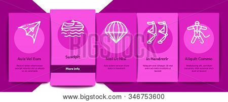 Extreme Sport Activity Onboarding Mobile App Page Screen Vector. Bike And Crash Helmet, Parachute An