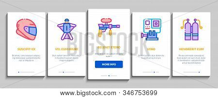 Extreme Sport Activity Onboarding Mobile App Page Screen Vector. Bike And Crash Helmet, Parachute An