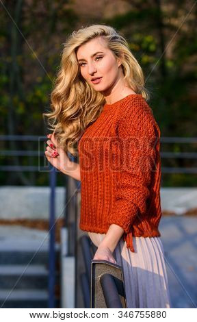 I Would Stay Here Forever. Girl Long Blond Hair City Walk. Autumn Woman Curly Hair. Female Beauty. G