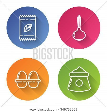 Set Line A Pack Full Of Seeds Of A Specific Plant, Onion, Chicken Egg In Box And Bag Of Flour. Color
