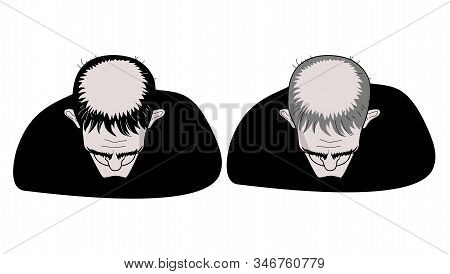 Two Men In Black Clothes Top View. Tonsura Of A Catholic Monk. Bald Head And Baldness Humorous Illus