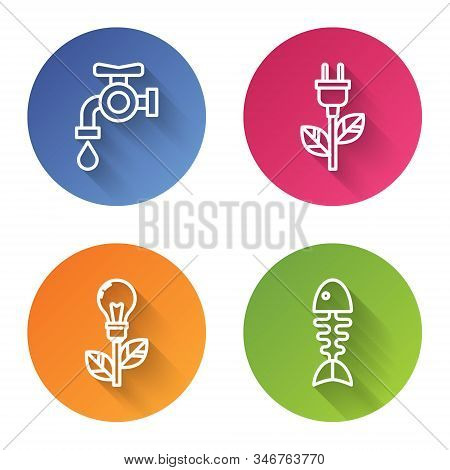 Set Line Water Tap, Electric Saving Plug In Leaf, Light Bulb With Leaf And Fish Skeleton. Color Circ