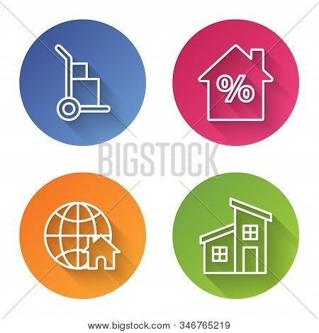 Set Line Hand Truck And Boxes, House With Percant Discount Tag, Globe With House Symbol And House. C
