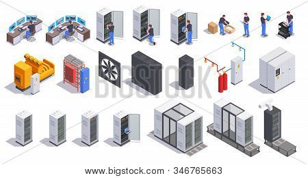Datacenter Communication Equipment Collection Of Isolated Isometric Icons With Server Racks Cooling 