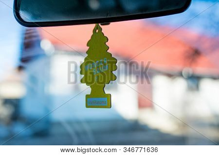 Miercurea Ciuc, Romania- 24 January 2020: Hanging Wunder Baum Air Freshener In A Parked Car In Front