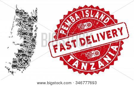 Travel Collage Pemba Island Map And Corroded Stamp Seal With Fast Delivery Caption. Pemba Island Map