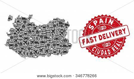 Delivery Collage Ciudad Real Province Map And Rubber Stamp Seal With Fast Delivery Phrase. Ciudad Re