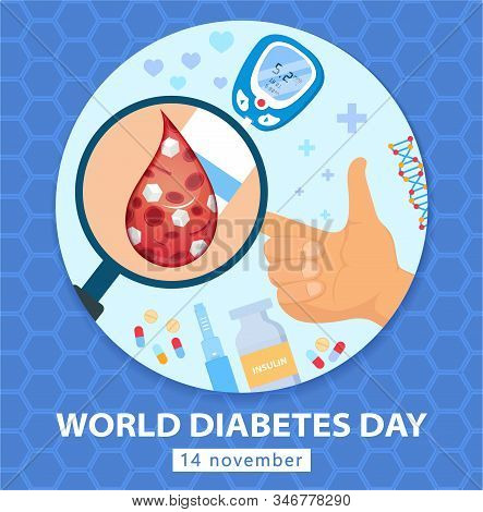 World Diabetes Day 14 November Poster Design With A Finger Prick And Drop Of Blood On A Tester Under