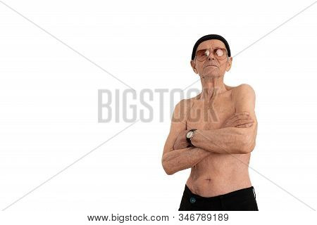 Confident, Calmy Shirtless Old Man In Black Hat And Sunglasses, Stylish Senior Stands With Crossed H