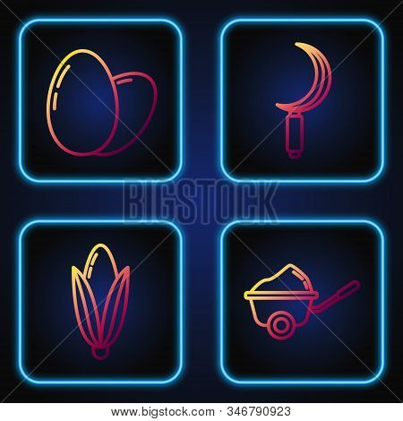 Set Line Wheelbarrow With Dirt, Corn, Chicken Egg And Sickle. Gradient Color Icons. Vector