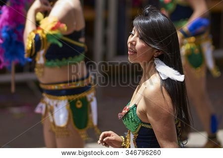 Oruro, Bolivia - February 26, 2017: Tobas Dancers In Colourful Costumes Performing At The Annual Oru