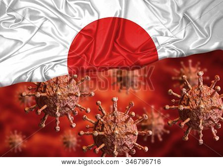 Coronavirus And Japan Flag, A Virus Pandemic Started In The Chinese City Of Wuhan And Is Spreading A