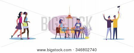 Set Of Casual People Spending Time Together. Flat Vector Illustrations Of Men And Women Being Friend