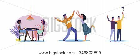 Set Of Casual Men And Women Hanging Out Together. Flat Vector Illustrations Of Young People Being Fr