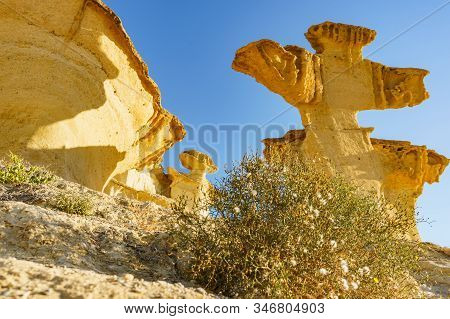 Tourist Attraction In Region Of Murcia, Spain. Enchanted City Of Bolnuevo, Natural Yellow Sandstone 
