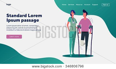 Doctor Supporting Patient With Broken Leg. Injured Man, Trauma, Plaster Cast Flat Vector Illustratio