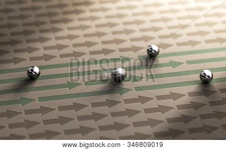 3d Illustration Of Long And Short Arrows With Spheres Moving From Left To Right. Concept Of Accelera