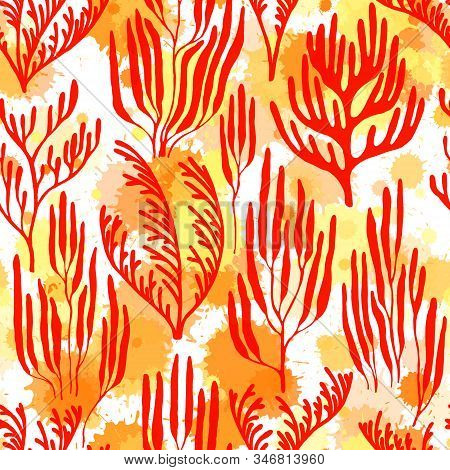 Coral Polyps Seamless Pattern. Paint Splashes Drops Watercolor Background. Abstract Great Barrier Re
