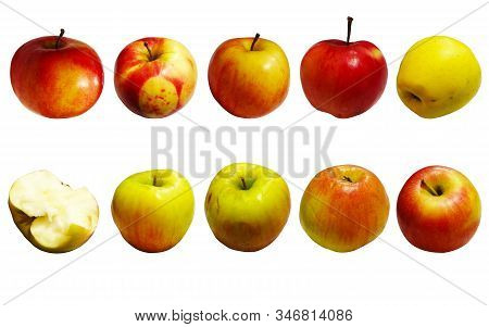 Ten Apples In Different Angles On A White Background Of Different Colors.