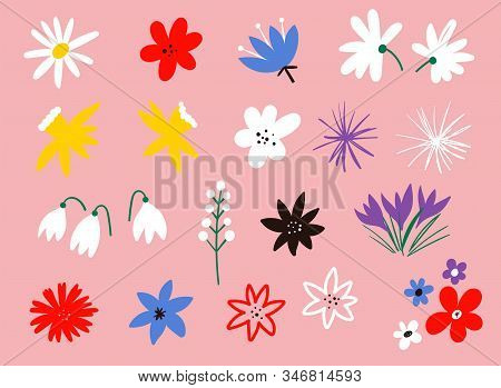 Flower Icon Collection. Flat Cartoon Vector Illustration. Set Of Floral Branch. Collection Of Hand D