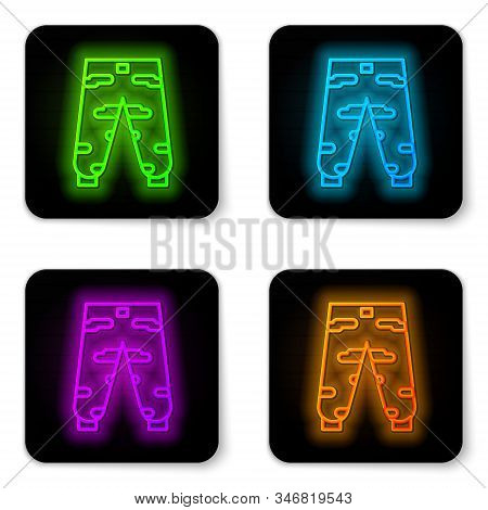Glowing Neon Line Camouflage Cargo Pants Icon Isolated On White Background. Black Square Button. Vec