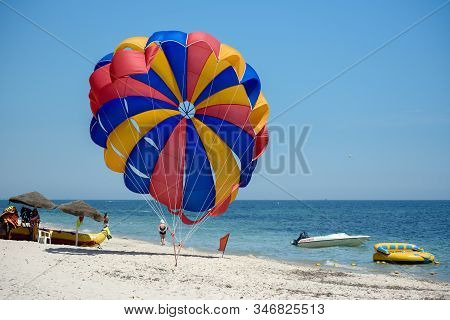 10 Th June, 2018, Sousse, Tunisia. Recreational Activity. Parasailing, Also Known As Parascending Or