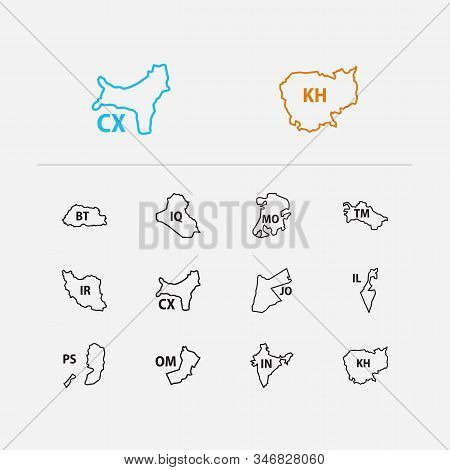 Cartography Icons Set. Bhutan And Cartography Icons With Oman, Iraq And Macau. Set Of Geographical F