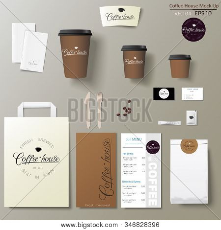 Coffee Shop Corporate Identity Template Design Set With Calligraphy Logo. Take Away Mock Up