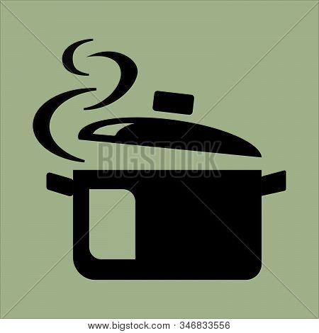 Boiling Water In Pan. Black Cooking Pot With Steam. Icon On Green Background. Vector Illustration