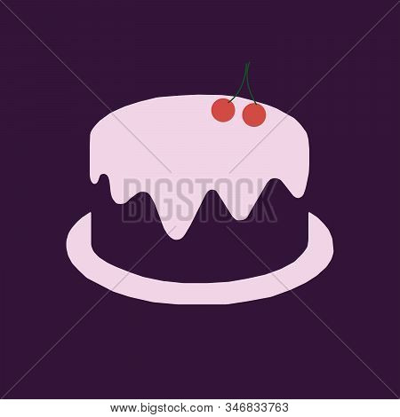 Pink Cake With Cherry Logo Flat Illustration On Violet Background