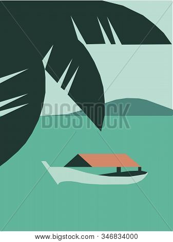 Vector Illustration Of A Landscape With Green River, Palm And Boat