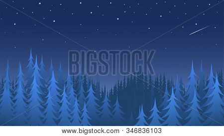 Night Winter Coniferous Forest With A Starry Sky. Blue Silhouettes Of Pines And Firs. Vector Illustr