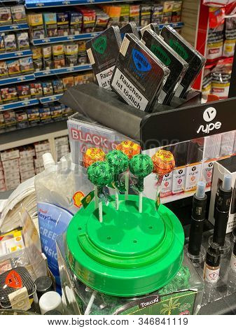 Kehl, Germany - Dec 12, 2019: Sweet Chupa-chups Candy Like With Cannabis Pot Leaves Aroma Inside Gas