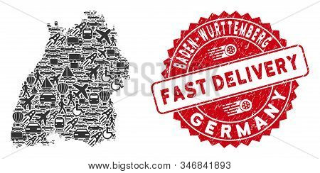 Shipping Collage Baden-wurttemberg Land Map And Distressed Stamp Watermark With Fast Delivery Text. 