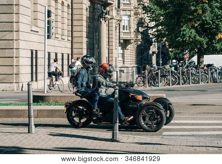 Strasbourg, France - Sep 21, 2019: Two Young Man On The Brp Can-am Spyder Roadster Three-wheeled Mot