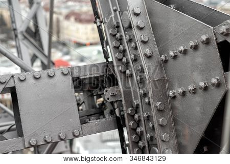 Close-up Grey Painted Steel Iron Construcion Frame Beam Of Old Giant Ferris Wheel In Prater Amusemen