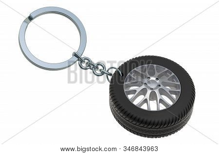 Car Wheel Keychain Silver, 3d Rendering Isolated On White Background
