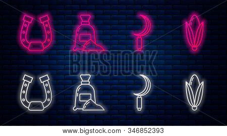 Set Line Bag Of Flour, Sickle, Horseshoe And Corn. Glowing Neon Icon On Brick Wall. Vector