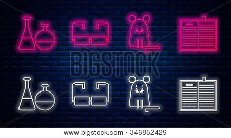 Set Line Glasses, Rat, Test Tube And Flask Chemical Laboratory And Open Science Book. Glowing Neon I