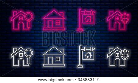 Set Line House, Hanging Sign With Text Sale, Search House And House With Shield. Glowing Neon Icon O