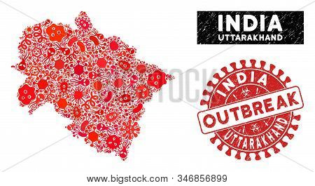 Pandemic Collage Uttarakhand State Map And Red Corroded Stamp Seal With Outbreak Message. Uttarakhan