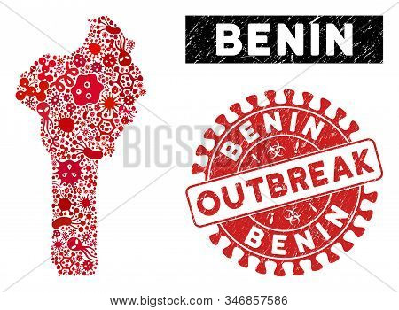 Infectious Mosaic Benin Map And Red Distressed Stamp Seal With Outbreak Words. Benin Map Collage Con