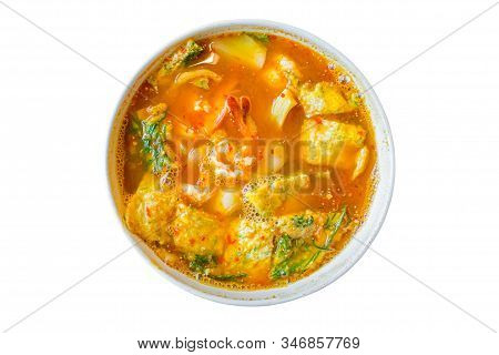 Acacia Omelets And Fresh Shrimp In Vegetable Sour Soup Isolated On White Background. Deep Fried Cha 